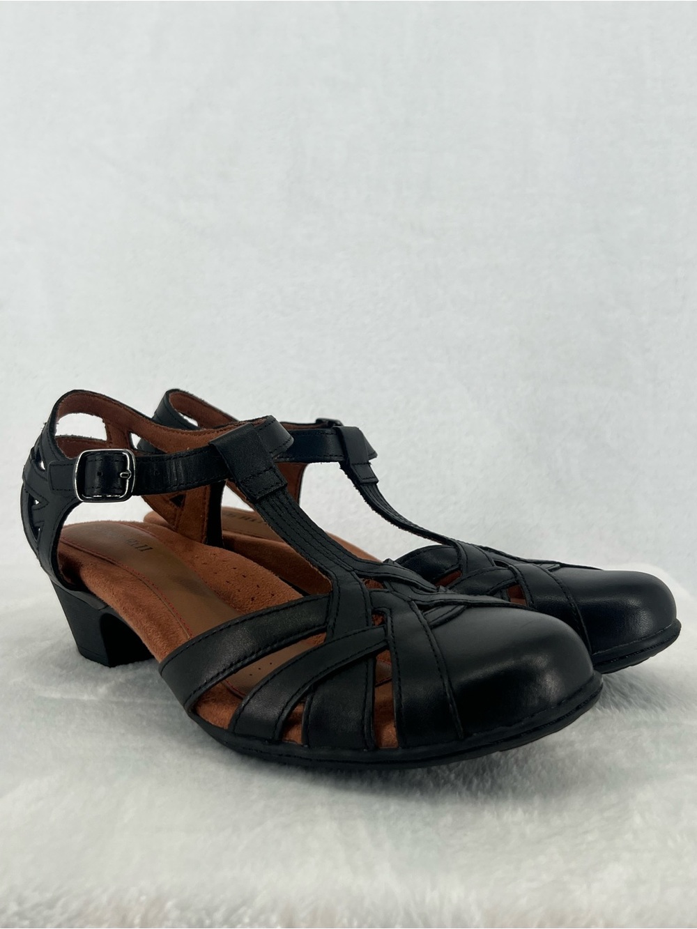 COBB HILL by Rockport Aubrey T-Strap Heel Leather Retro Sandals Black Size 8